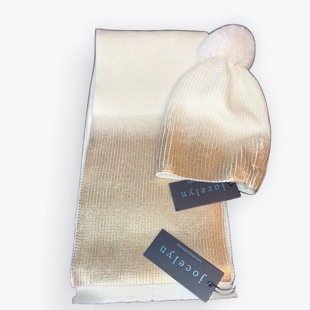 Jocelyn Ombré Metallic Rose Gold Hat w/Faux Fur Pom & Scarf Set